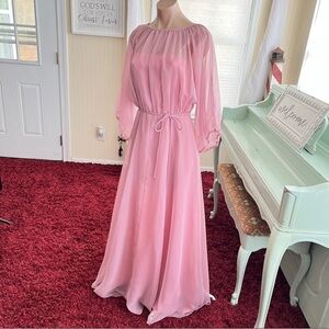 Vintage 1970s Pink Mauve Maxi Dress Sheer Top